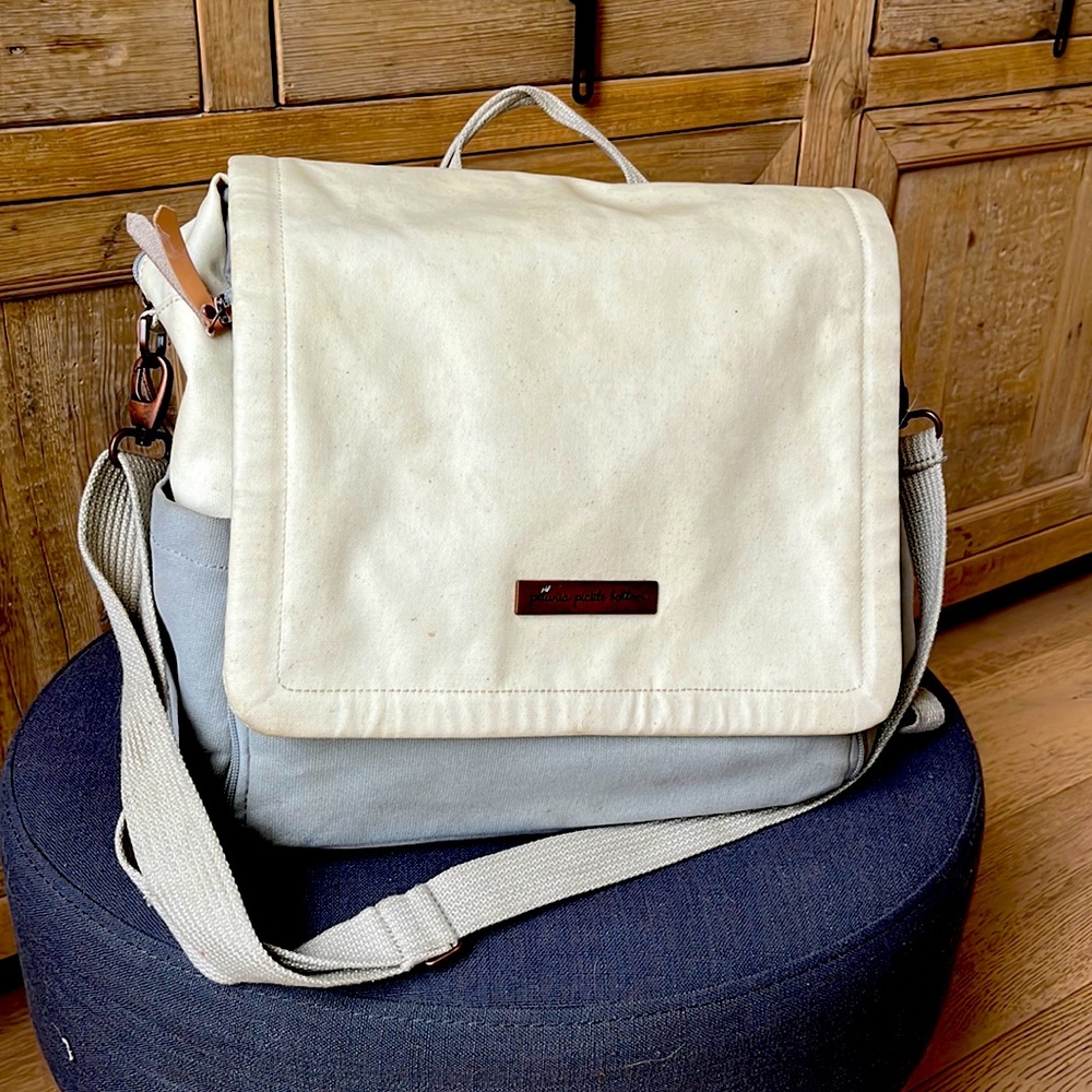 Grey and canvas Petunia Pickle Bottom backpack diaper bag